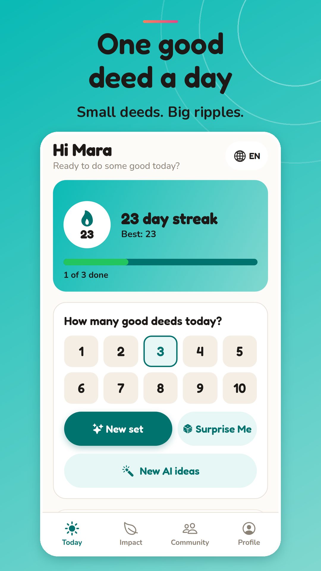 DoGooder-App: heutige gute Tat mit Streak-Anzeige